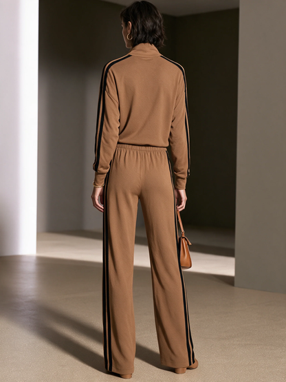 Conjunto camel bicolor de top abotonado y pantalón de pierna ancha