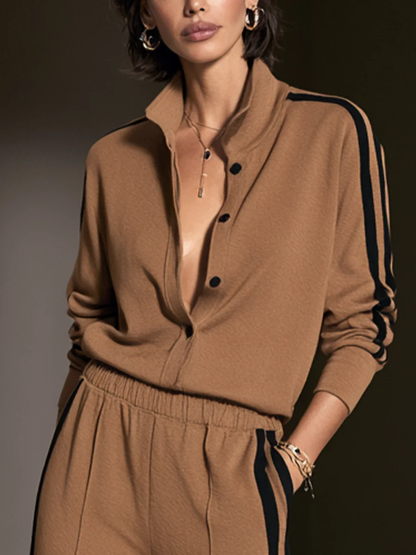 Conjunto camel bicolor de top abotonado y pantalón de pierna ancha
