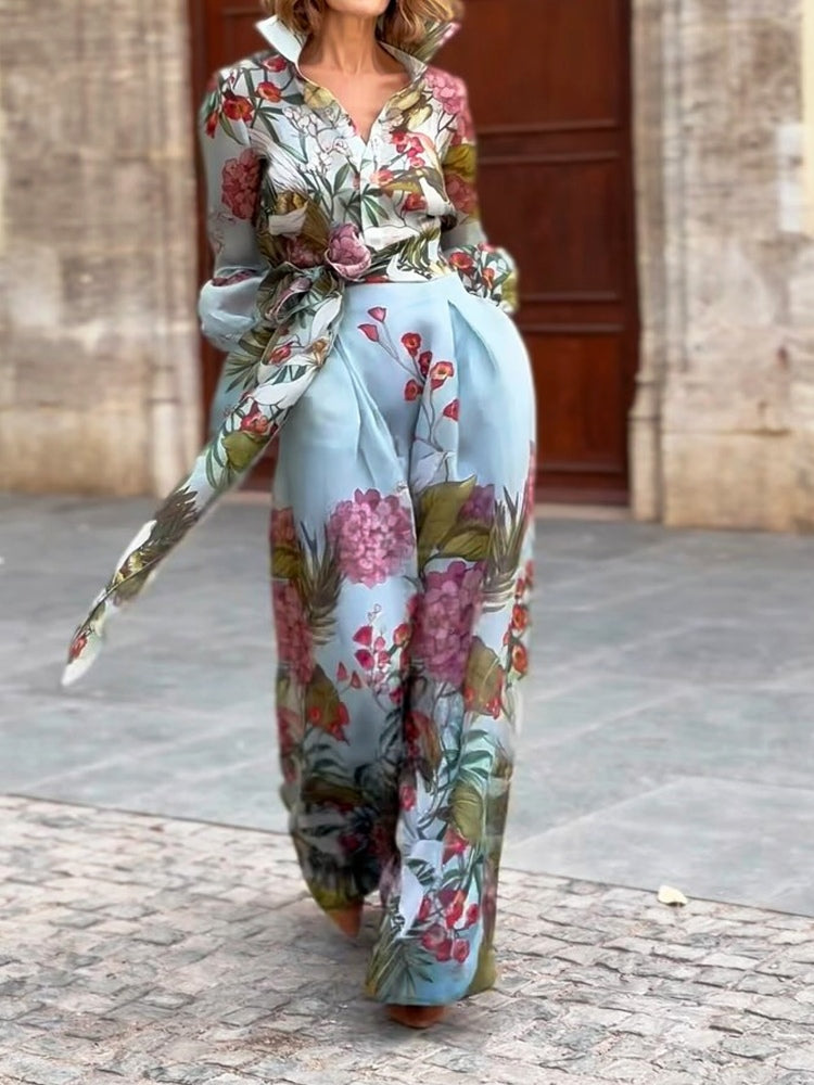Conjunto elegante de dos piezas: camisa y falda con estampado floral