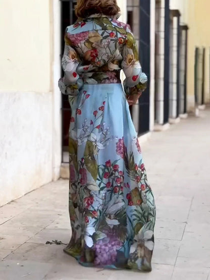 Conjunto elegante de dos piezas: camisa y falda con estampado floral