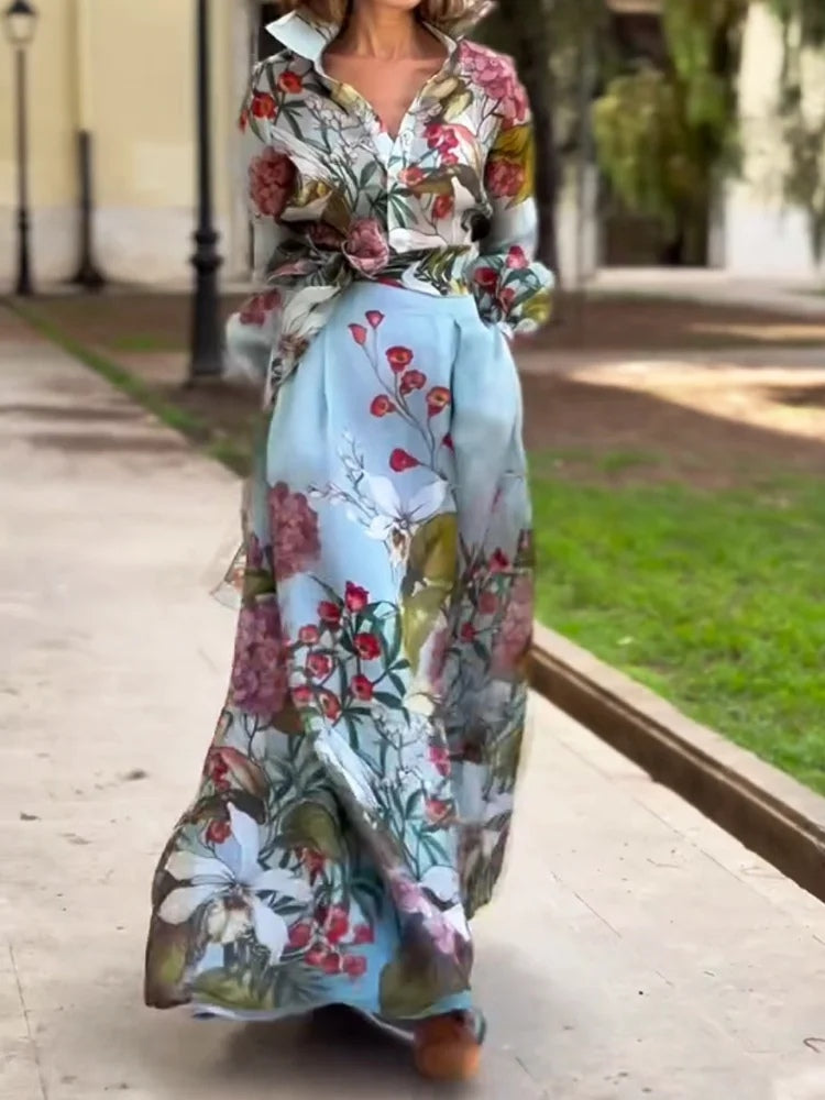 Conjunto elegante de dos piezas: camisa y falda con estampado floral