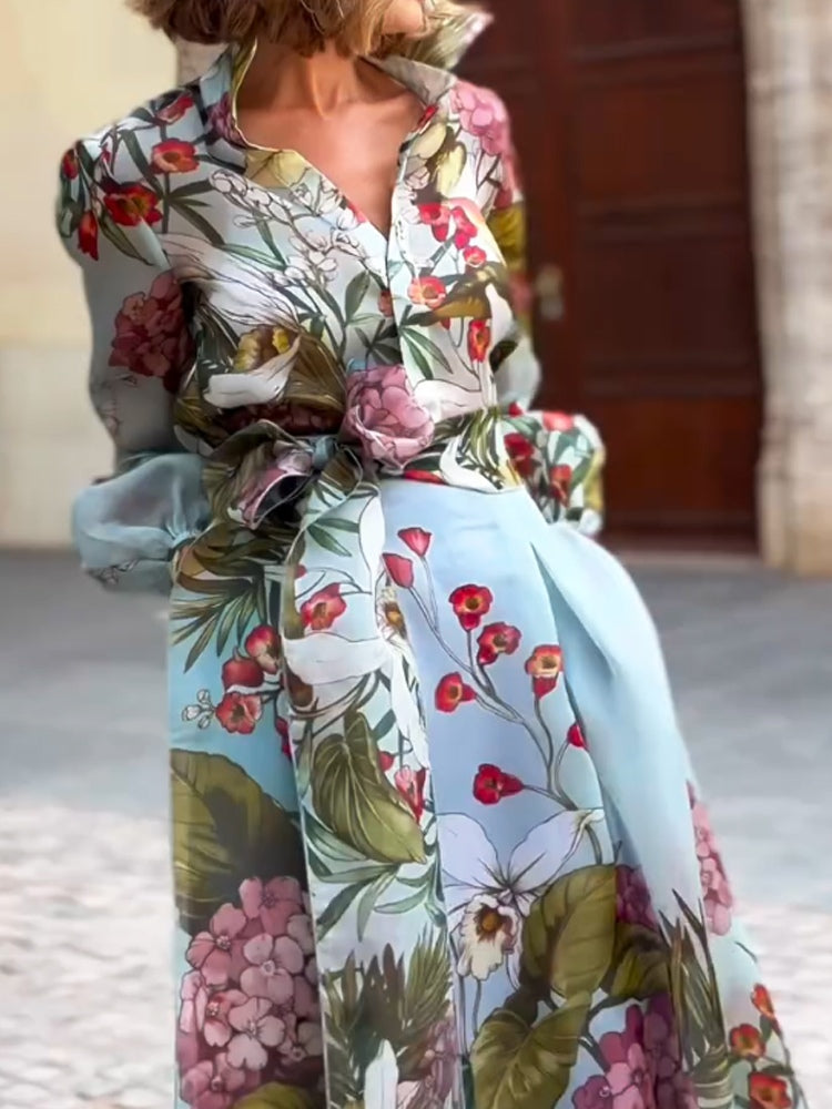 Conjunto elegante de dos piezas: camisa y falda con estampado floral