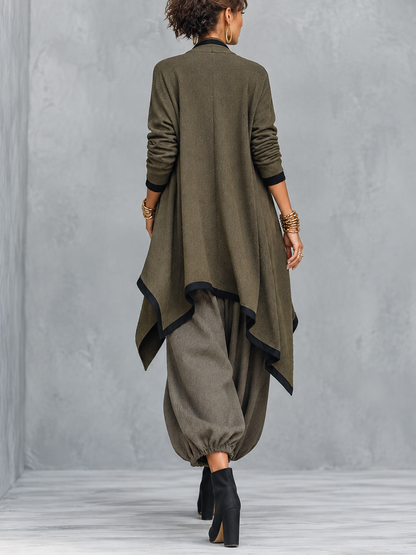 Conjunto de tres piezas verde oliva: cárdigan asimétrico, top y pantalón farol