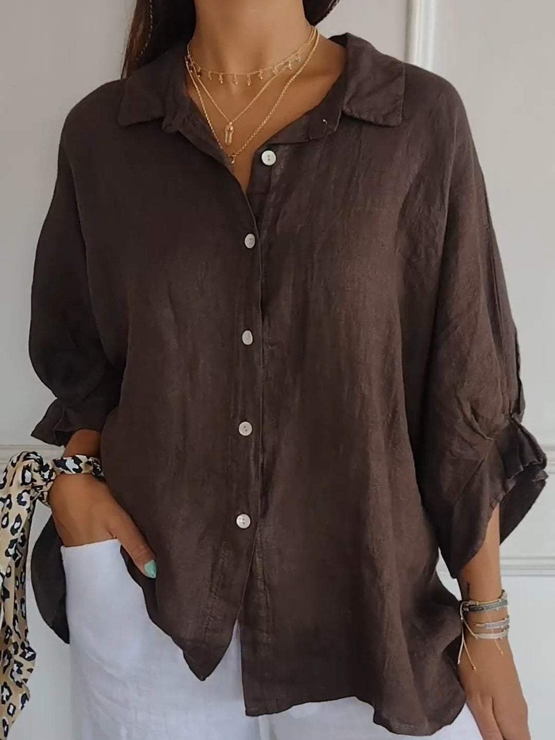 Camisa casual lisa de algodón y lino