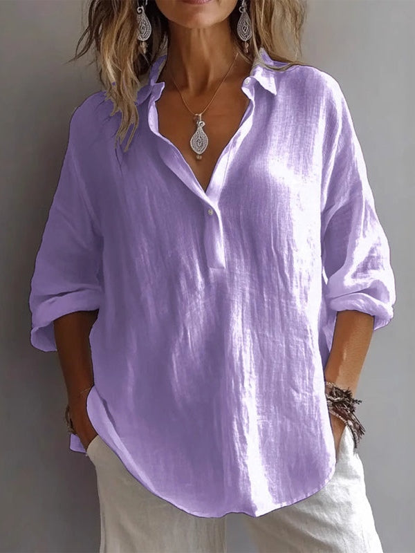 Camisa casual holgada de lino de manga larga con cuello en V