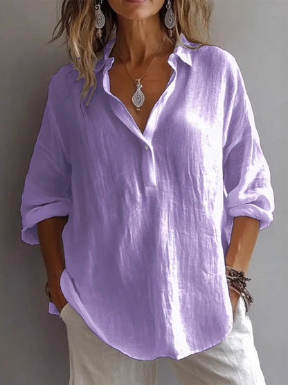 Camisa casual holgada de lino de manga larga con cuello en V