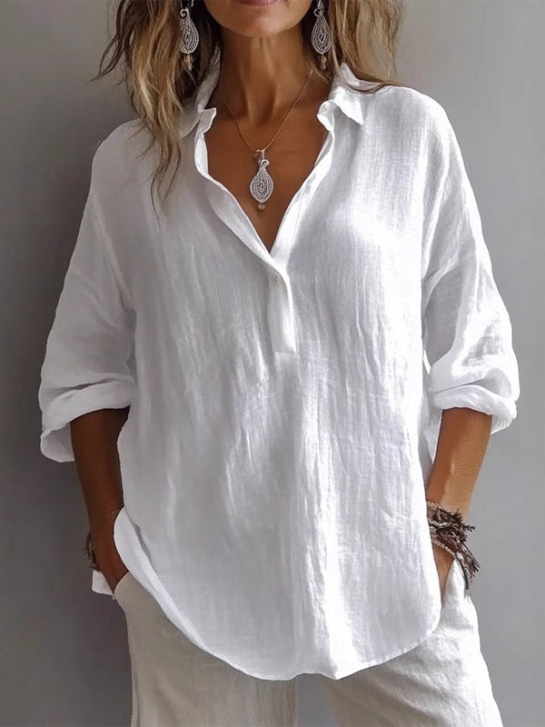 Camisa casual holgada de lino de manga larga con cuello en V