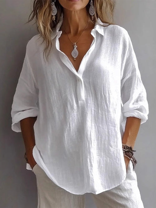 Camisa casual holgada de lino de manga larga con cuello en V