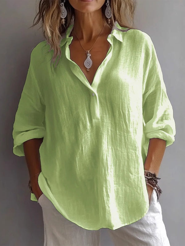 Camisa casual holgada de lino de manga larga con cuello en V