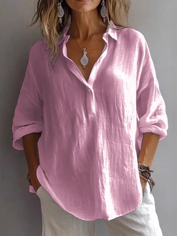 Camisa casual holgada de lino de manga larga con cuello en V