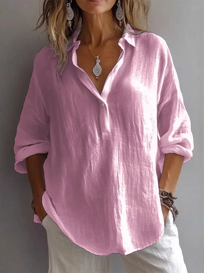 Camisa casual holgada de lino de manga larga con cuello en V