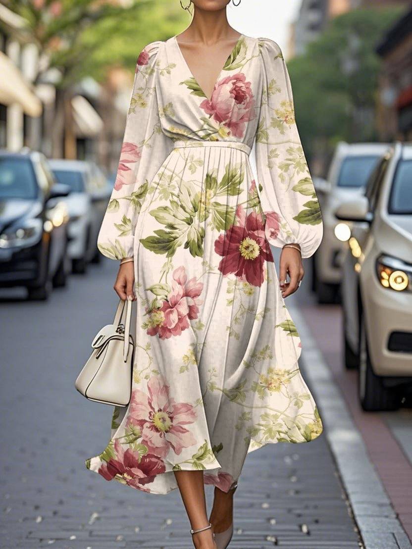 Elegante vestido midi de gasa plisada con flores y cuello en V