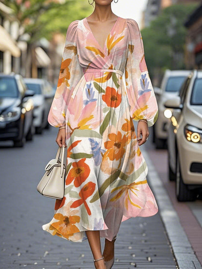 Elegante vestido midi de gasa plisada con flores y cuello en V