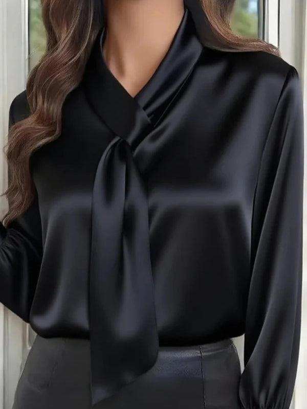 Camisa casual lisa de manga larga con lazo