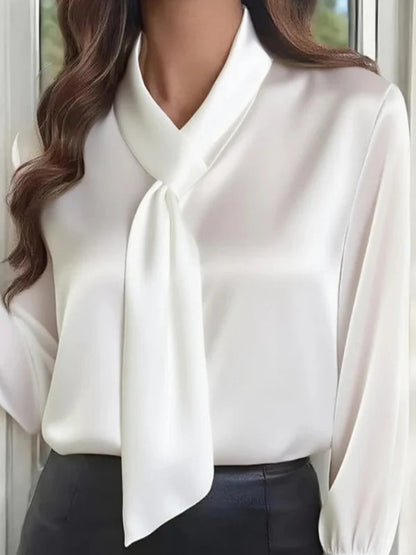 Camisa casual lisa de manga larga con lazo