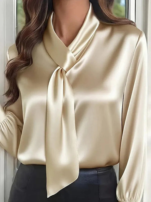 Camisa casual lisa de manga larga con lazo