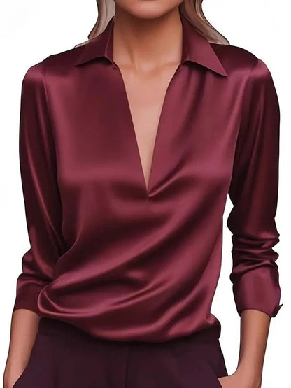 Camisa casual de satén lisa de manga larga con cuello en V