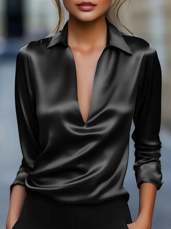 Camisa casual de satén lisa de manga larga con cuello en V