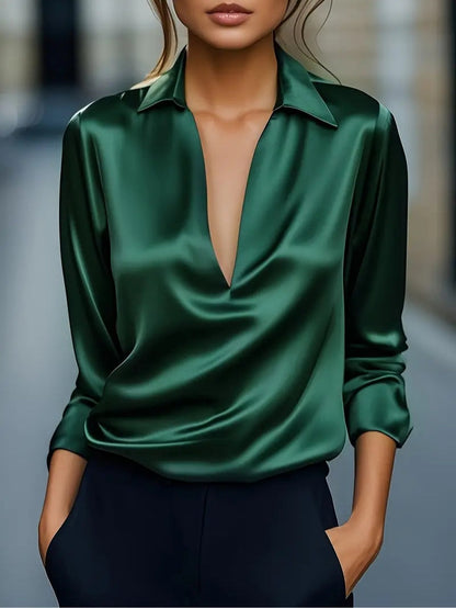 Camisa casual de satén lisa de manga larga con cuello en V