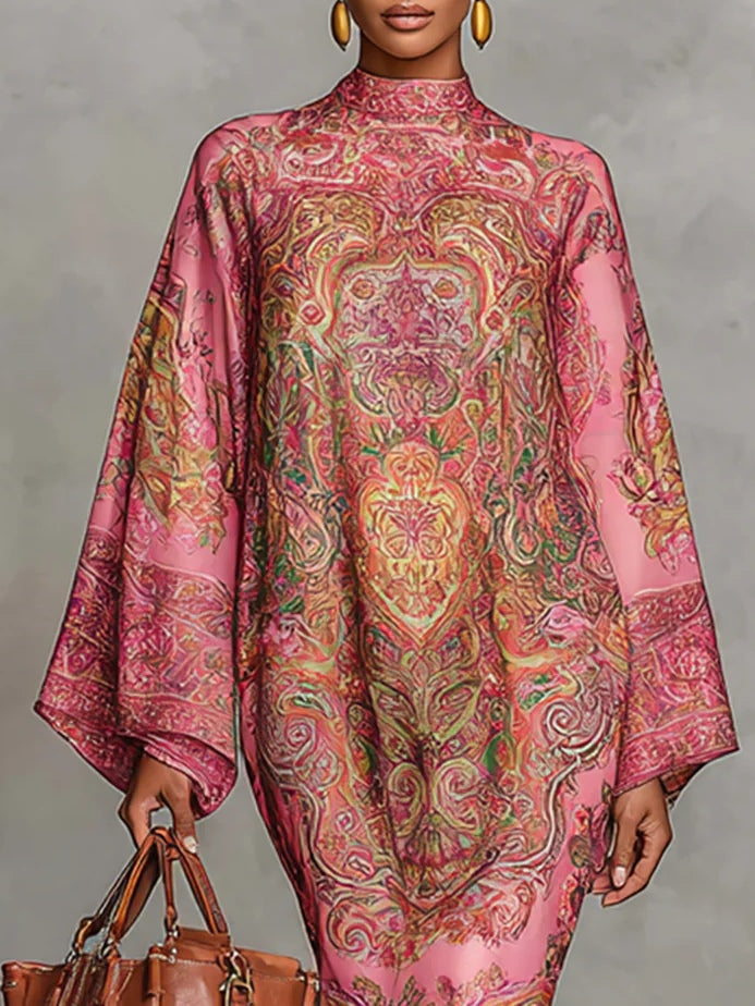 Vestido midi holgado rosa con estampado de cachemira y manga larga acampanada