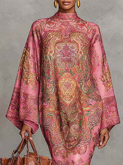 Vestido midi holgado rosa con estampado de cachemira y manga larga acampanada