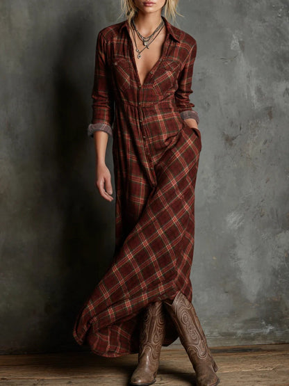 Vestido camisero largo de cuadros verdes con solapa y botones