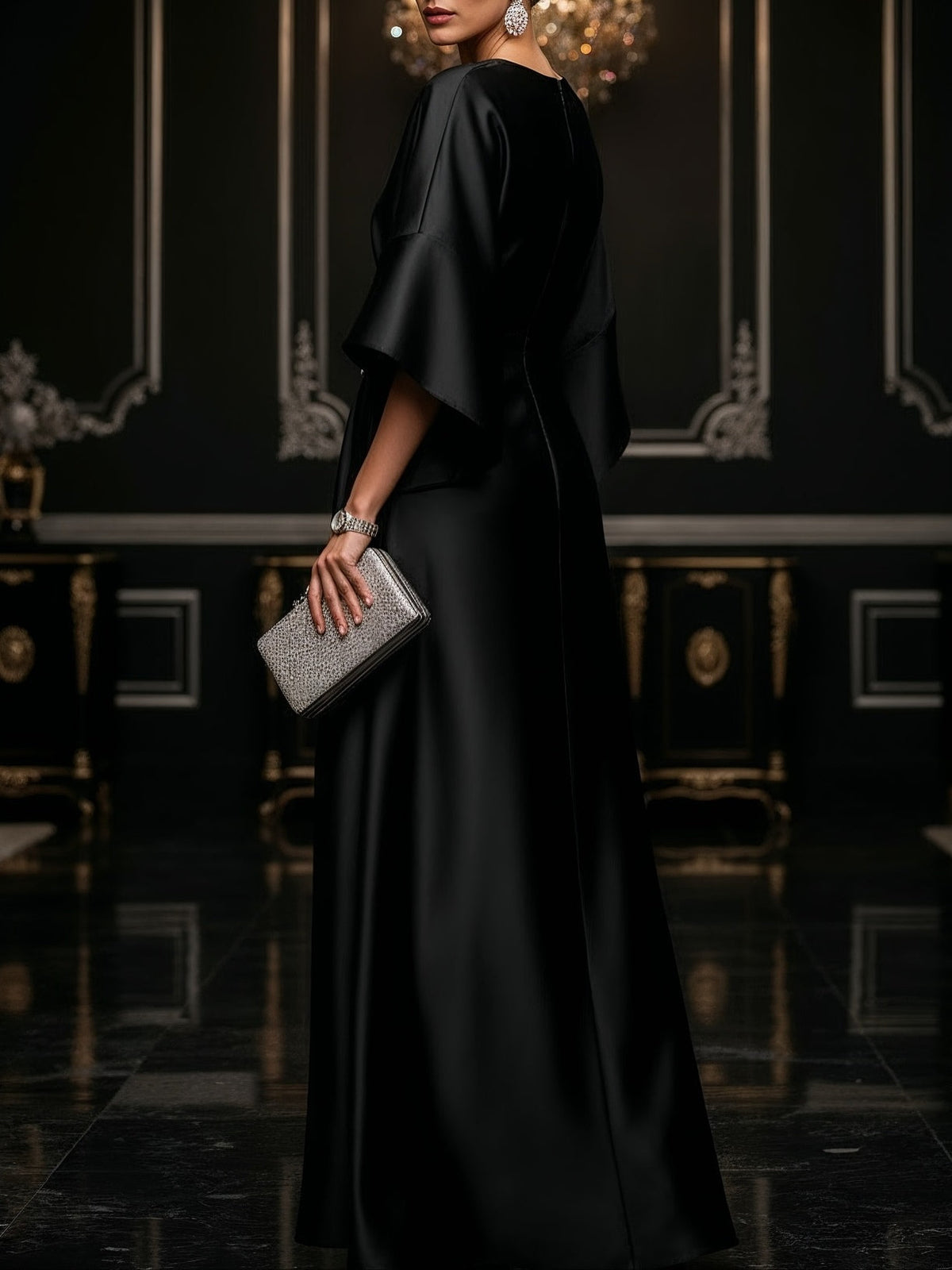 Vestido largo negro de satén de lujo