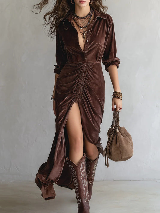 Vestido midi vintage de terciopelo plisado con botones
