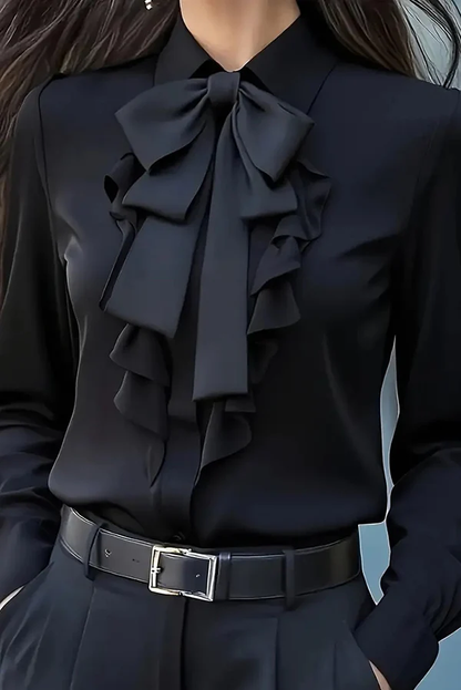 Camisa casual de manga larga con volantes y lazo