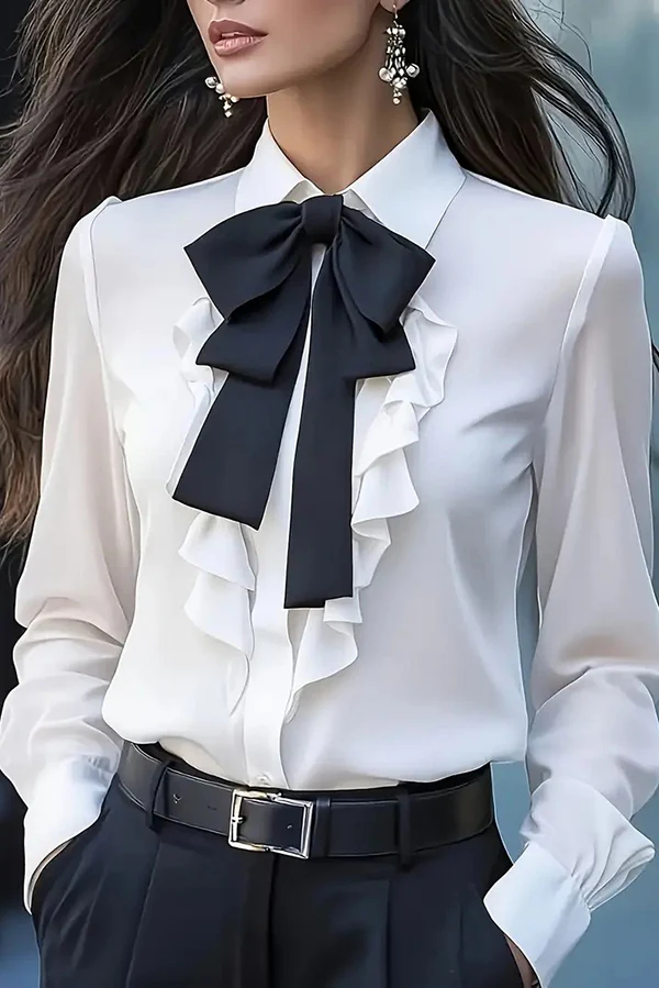 Camisa casual de manga larga con volantes y lazo