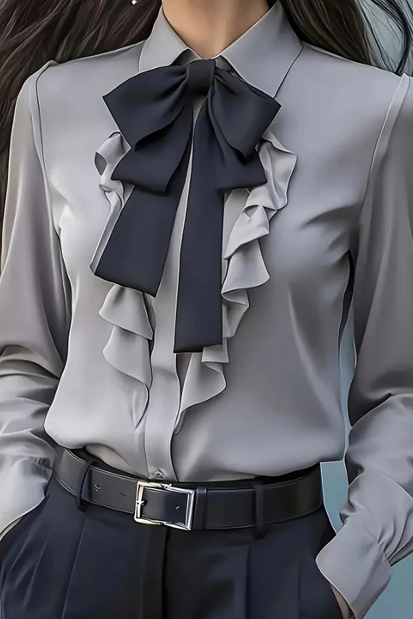 Camisa casual de manga larga con volantes y lazo