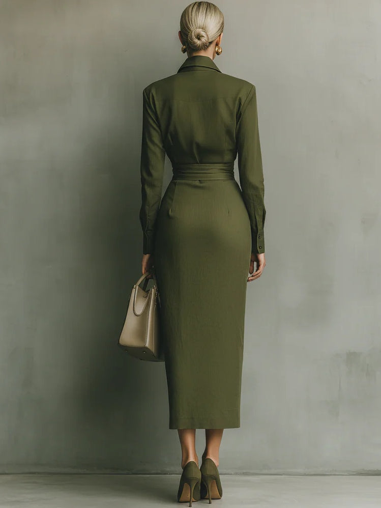 Vestido largo verde militar de mezcla de algodón
