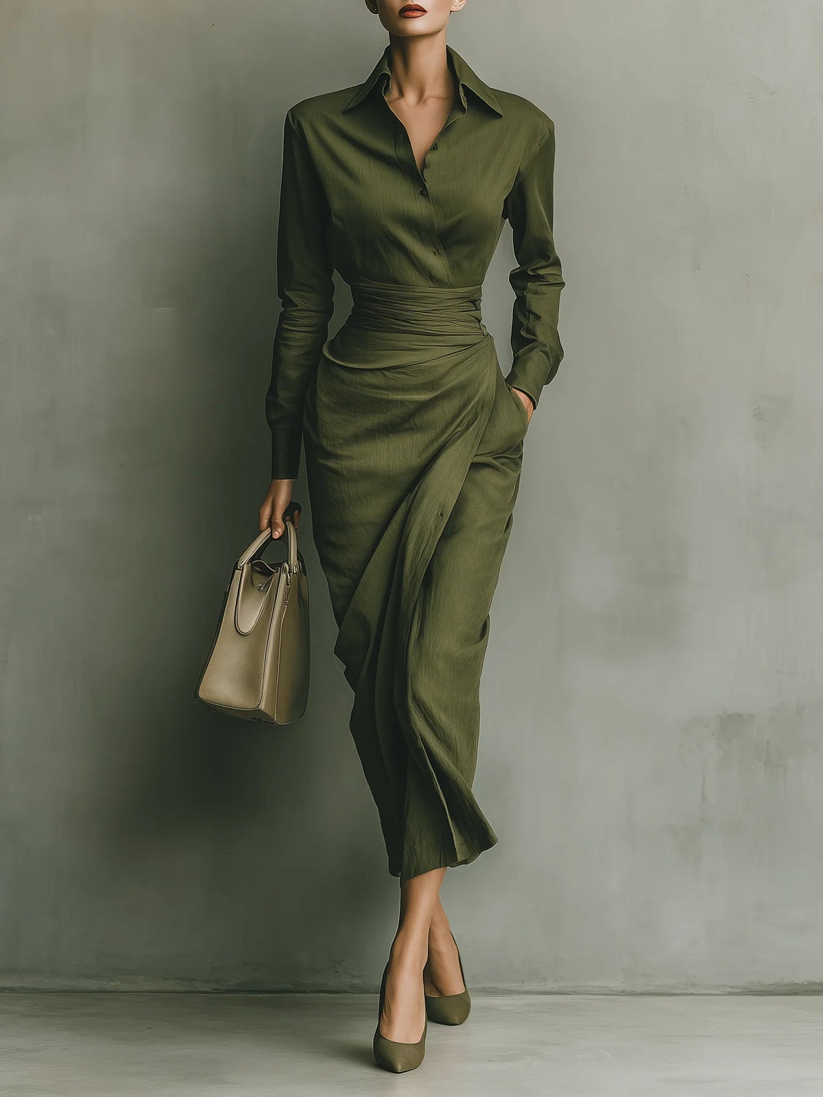 Vestido largo verde militar de mezcla de algodón