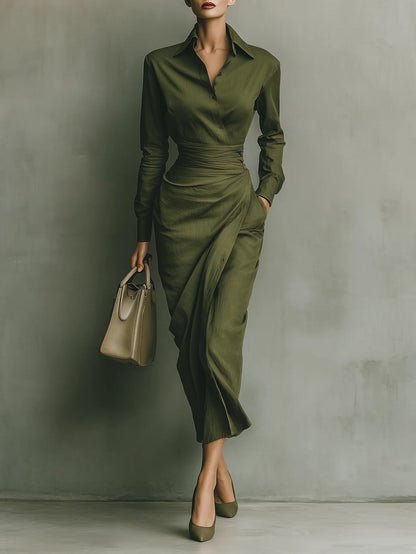 Vestido largo verde militar de mezcla de algodón