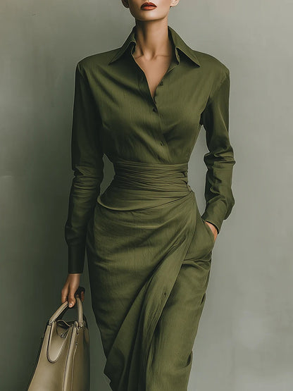 Vestido largo verde militar de mezcla de algodón