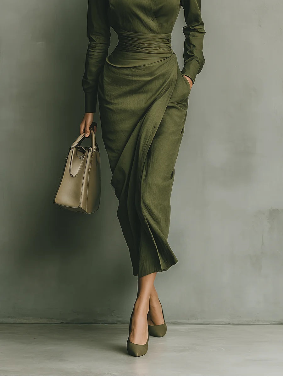 Vestido largo verde militar de mezcla de algodón