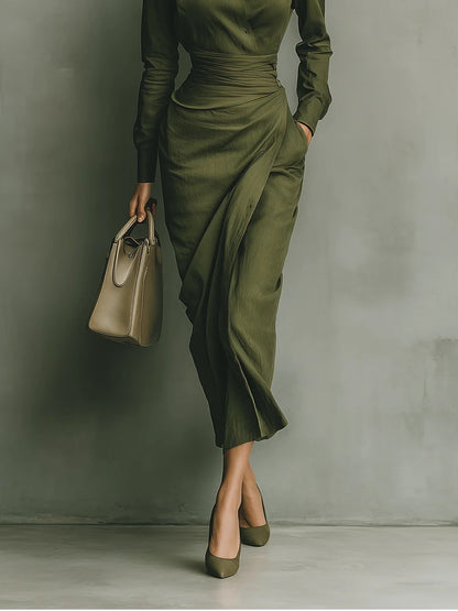 Vestido largo verde militar de mezcla de algodón