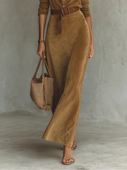 Vestido largo de antelina con solapa y botones