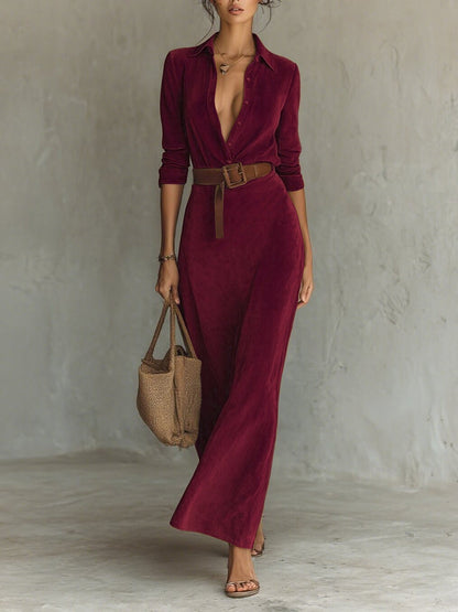 Vestido largo de antelina con solapa y botones