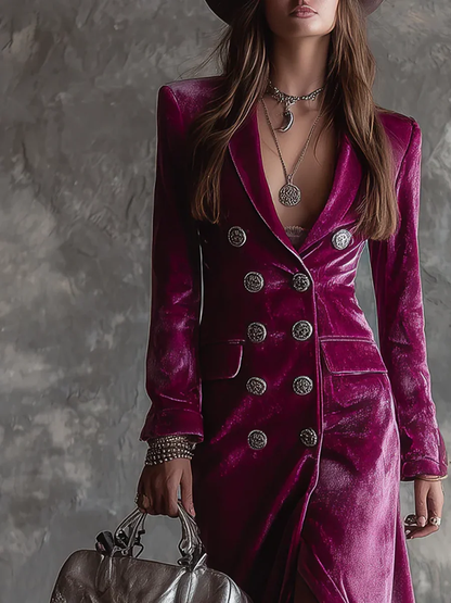 Vestido blazer largo de terciopelo morado con botones