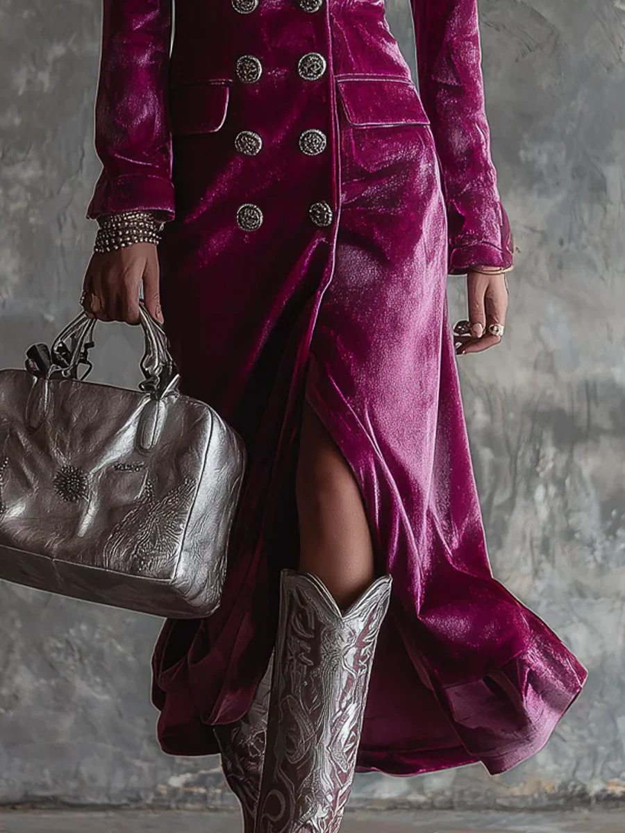 Vestido blazer largo de terciopelo morado con botones