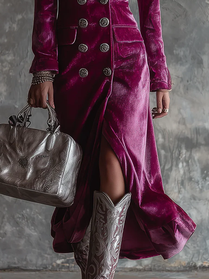Vestido blazer largo de terciopelo morado con botones