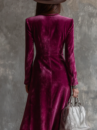 Vestido blazer largo de terciopelo morado con botones