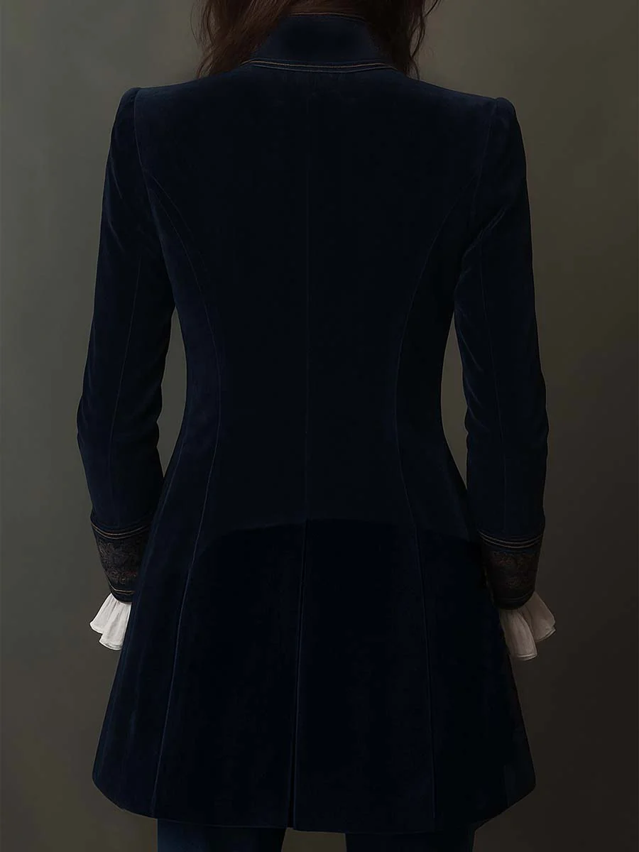Chaqueta larga vintage de terciopelo azul marino con bordados