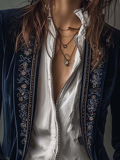 Chaqueta larga vintage de terciopelo azul marino con bordados