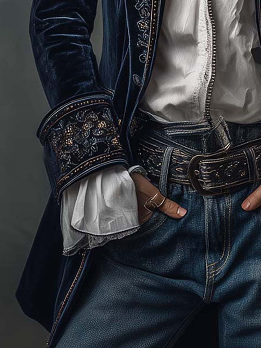 Chaqueta larga vintage de terciopelo azul marino con bordados