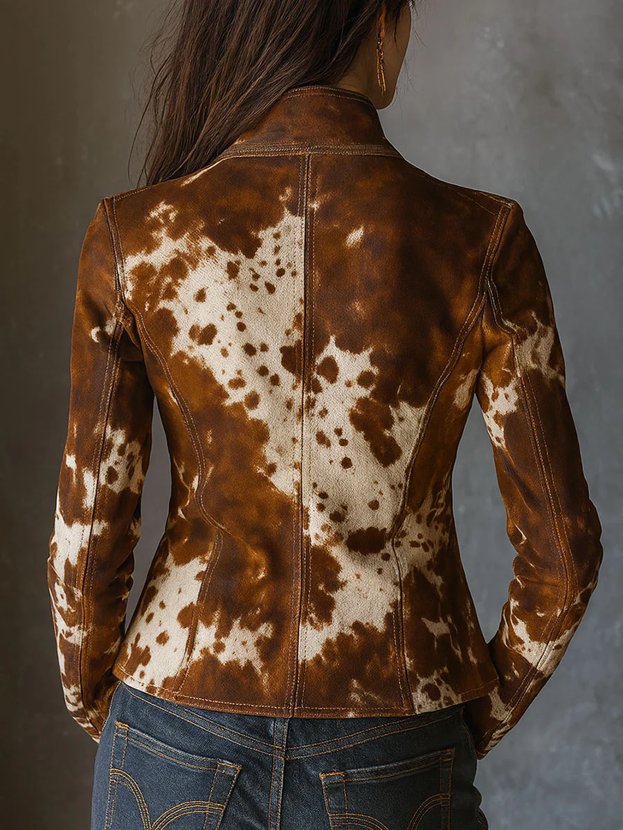 Chaqueta vintage entallada de cuello alto con estampado de vaca