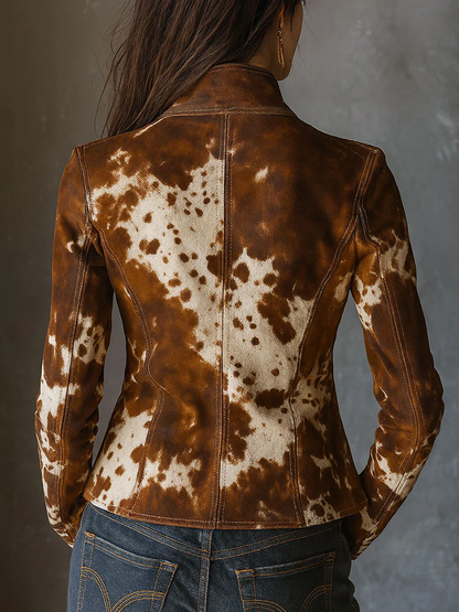 Chaqueta vintage entallada de cuello alto con estampado de vaca