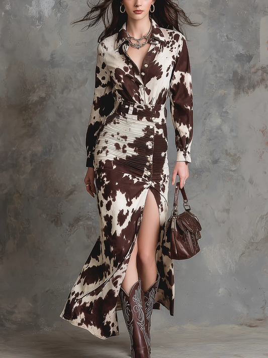 Vestido camisero largo vintage con estampado de vaca