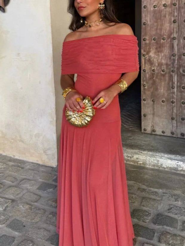 Vestido largo marrón de malla de un solo hombro